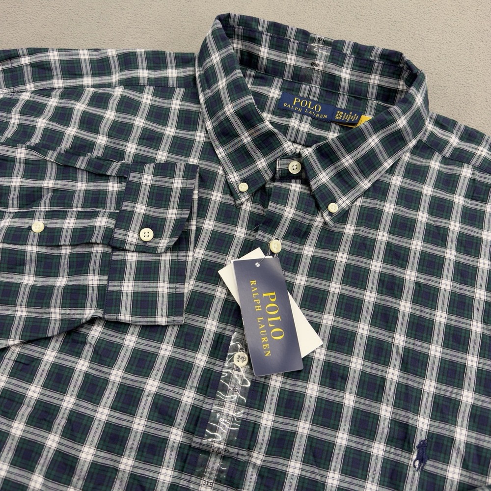 Polo Ralph Lauren Button Down Shirt Mens 3XB Blue Green Plaid Twill Classic Fit